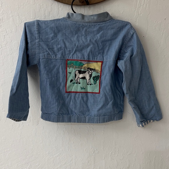 Other - Vintage Reversible Chambray Denim Pinstripe Cow Patch Zip Jacket Kids